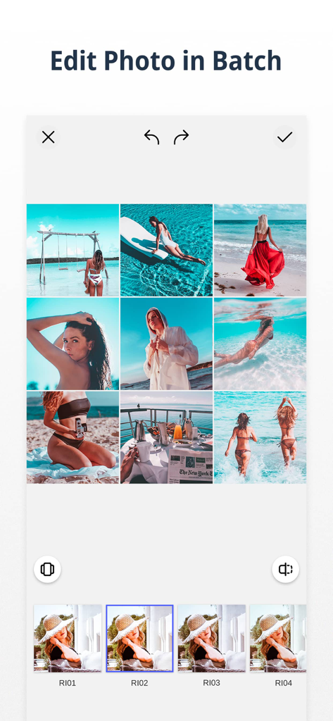 Inspac: Insta Story & Planner - Inspac app interface showing a grid of nine summer themed photos being edited simultaneously with a batch filter tool