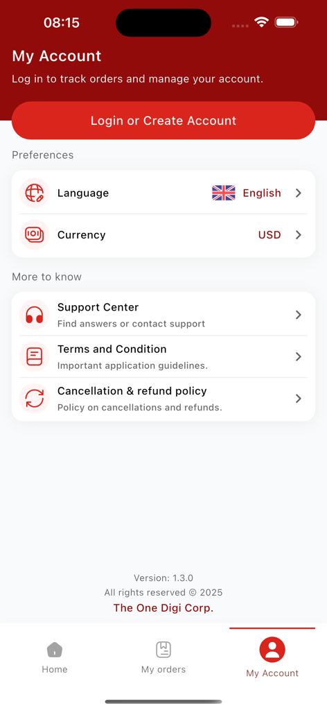 Vietnam Immi - My Account screen of the Vietnam Immi app showing language settings and currency preferences
