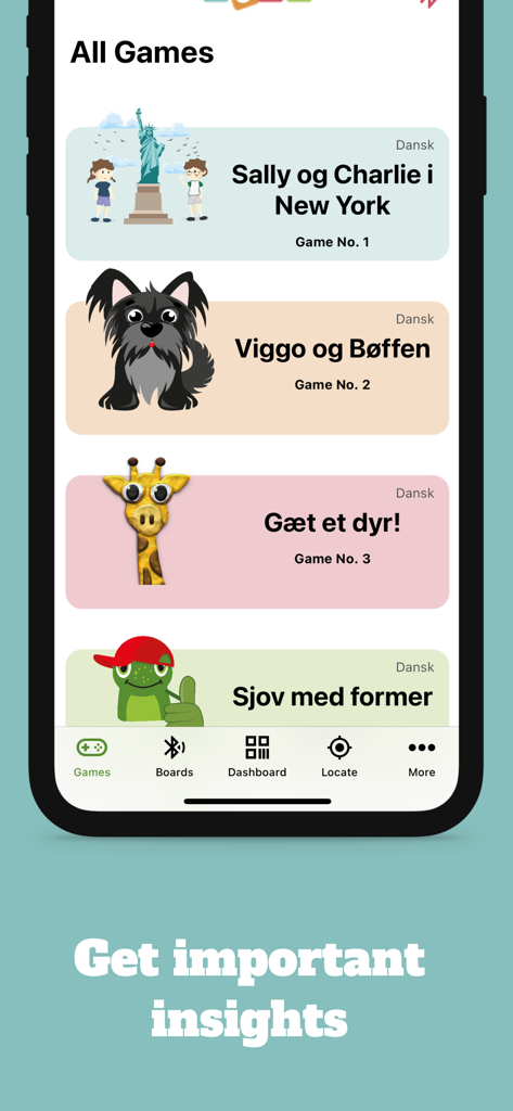 Oberfläche der Play Yoli App, die eine Liste interaktiver Spiele für Kinder anzeigt