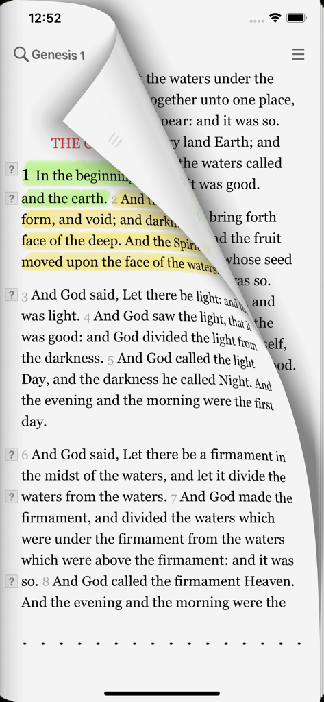 The Bible by eBible app showing Genesis 1 with a realistic page flip animation and highlighted verses