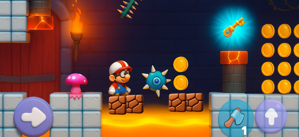 Super Adventure : Pepe - Pepe character in a dungeon level with coins and a glowing golden key in a classic platformer
