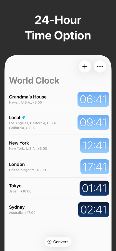 World clock app displaying multiple global time zones in a 24-hour format