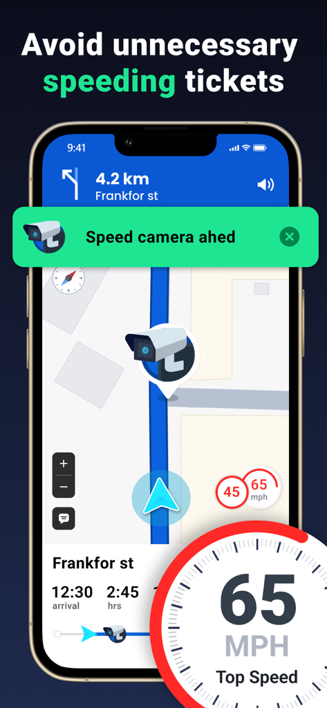 Aplicación de navegación GPS que muestra una alerta de cámara de velocidad y pantalla de velocímetro