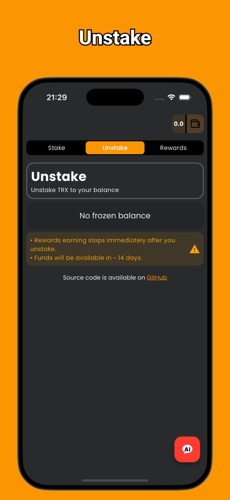 Interface of the Stake Tron mobile app showing the TRX unstaking screen with rewards warning and AI assistant button.