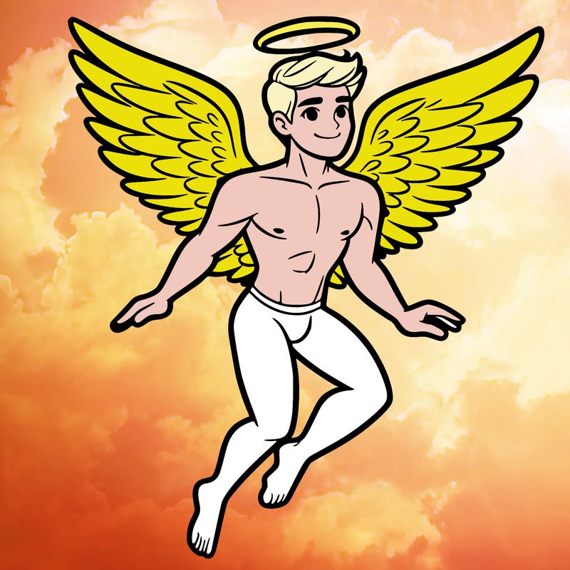 a male angel in the air with wings