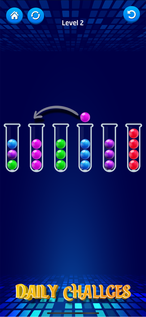 Ball Puzzle: Sort Color Balls - Juego de Ball Puzzle mostrando bolas de colores clasificándose en tubos de vidrio