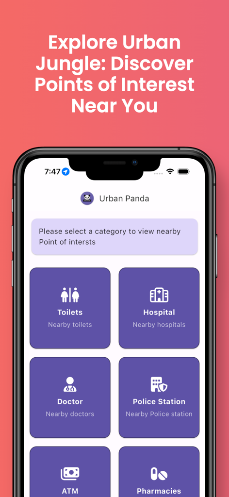 Urban Panda - Urban Panda app interface displaying categories for points of interest like toilets, hospitals, and doctors