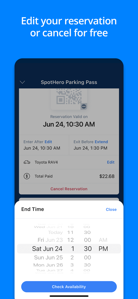 駐車終了時間を調整するための時間ピッカーが表示された編集・キャンセル予約画面が表示されたSpotHeroアプリのインターフェース