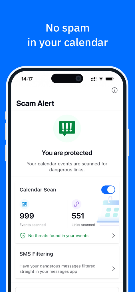 Bitdefender Mobile Security app Scam Alert interface showing calendar and SMS protection status