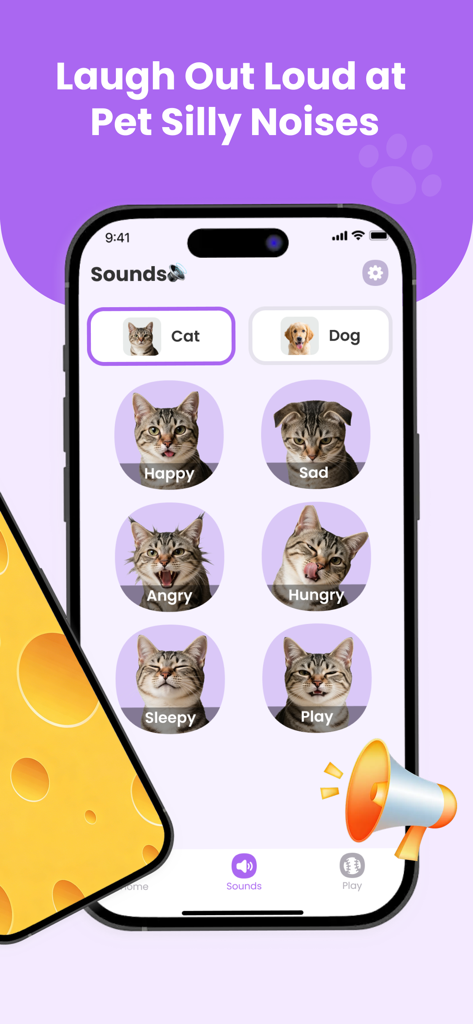 Pet Talk Translator - A mobile screen from the Pet Talk Translator app showing different cat sound categories like happy, sad, angry, and hungry.