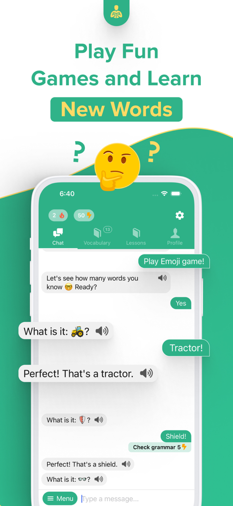 Andy English Language Learning - チャット形式で新しい単語を学ぶインタラクティブな絵emojiゲームを表示するアンディ英会話アプリのスクリーンショット