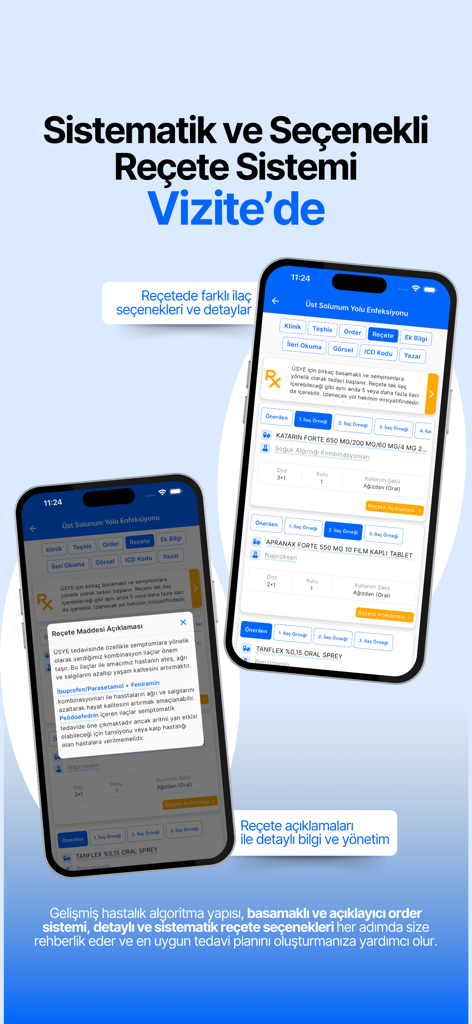 Mobile app interface showing a systematic medical prescription and order system for healthcare professionals