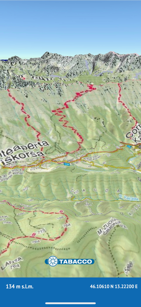 TABACCOmapp 3.0 - 3D topographic view of mountain terrain with hiking trails in TABACCOmapp 3.0