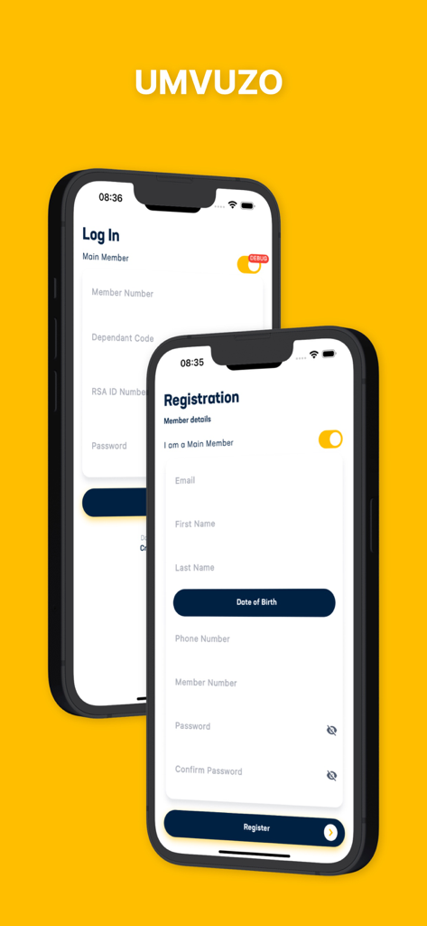 Umvuzo Health Care - Login and registration screens of the Umvuzo Health Care mobile application