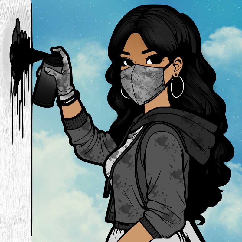 realistic girl with mask spray painting a wall