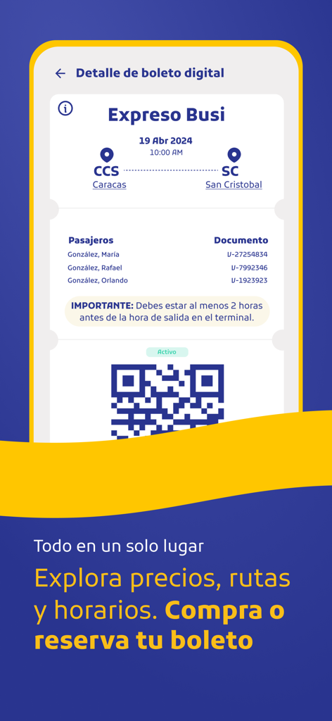 Busi Boletos - Pantalla de boleto de autobús digital con código QR y detalles del pasajero en la aplicación móvil Busi Boletos