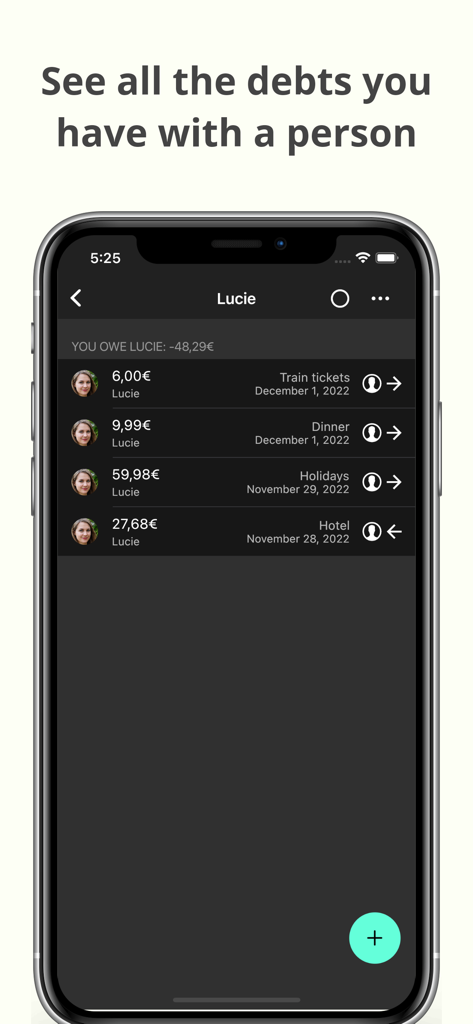 Debt Tracker - Debt payoff - Un elenco di debiti e pagamenti per uno specifico contatto nell'app