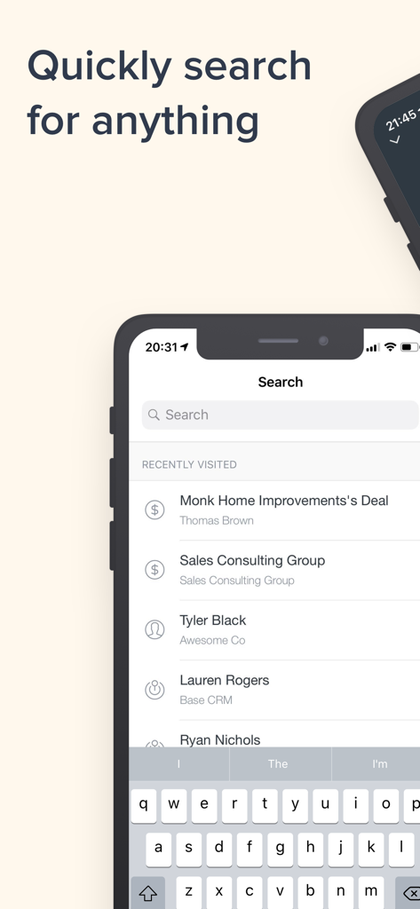 Search interface in the Zendesk Sell app showing a list of recently visited sales contacts and deals