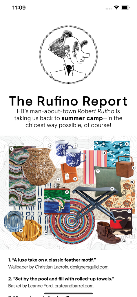 A curated lifestyle collage of summer camp-themed home decor items featuring a woven basket, patterned wallpaper, and outdoor accessories in the House Beautiful app.