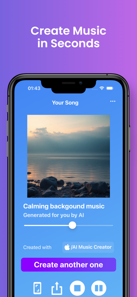 Riffusion: Songify Text AI - Interfaz de la aplicación Riffusion que muestra una pista de música relajante generada por IA
