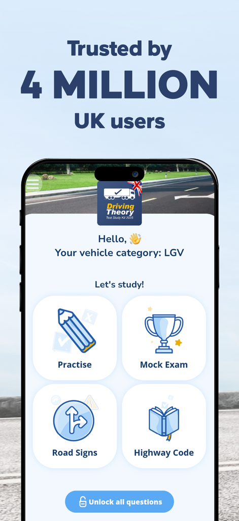LGV & HGV Theory Test Kit 2026 - Home screen of the LGV and HGV Theory Test app featuring sections for practice mock exams road signs and highway code
