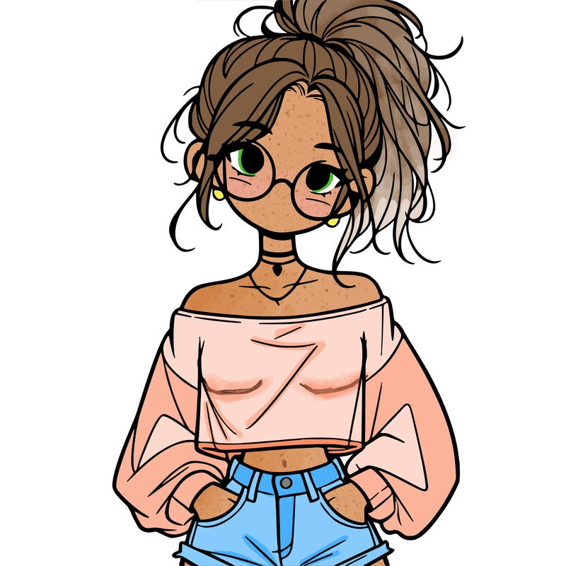 girl with a messy ponytail glasses a baggy crop top and jean shorts