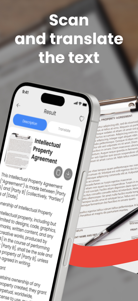Lens - AI Photo Scanner - Pantalla de smartphone mostrando la aplicación Lens AI escaneando y digitalizando un documento de texto.