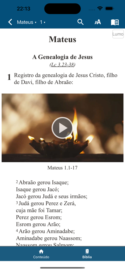 NVI Português Bible - Captura de pantalla de la aplicación Biblia NVI Português mostrando la Genealogía de Jesús en el Libro de Mateo.