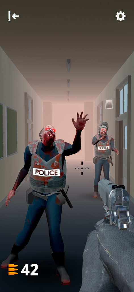 Dead Raid: Zombie Shooter 3D - Vista en primera persona de un jugador apuntando con un arma a zombies con chalecos policiales