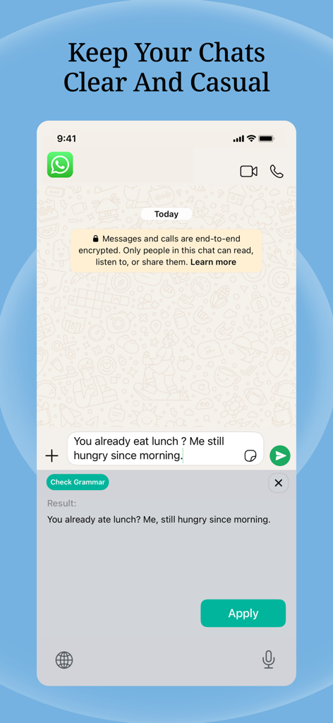Captura de tela de aplicativo móvel mostrando correção de gramática por IA para mensagens de chat casuais em uma interface de mensagens.