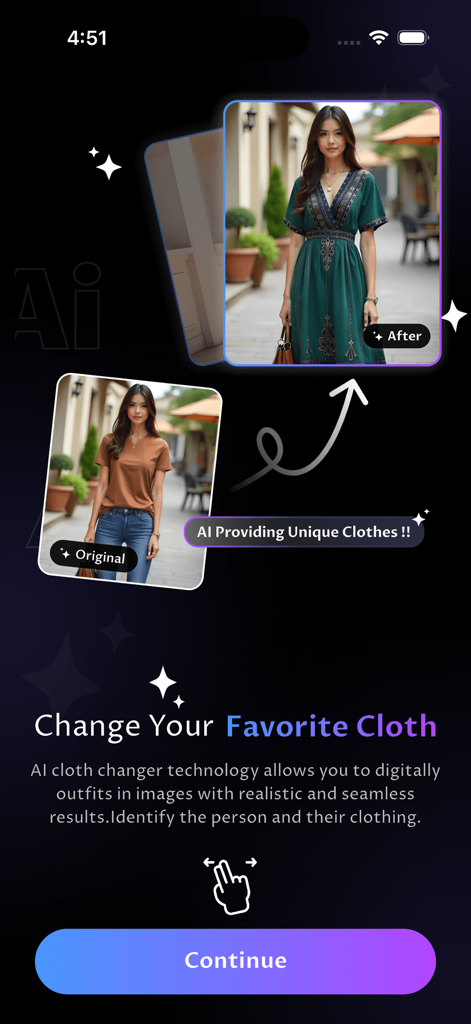 App-Bildschirm, der die KI-Kleiderwechsler-Funktion mit einem Vorher-Nachher-Outfit-Vergleich demonstriert.