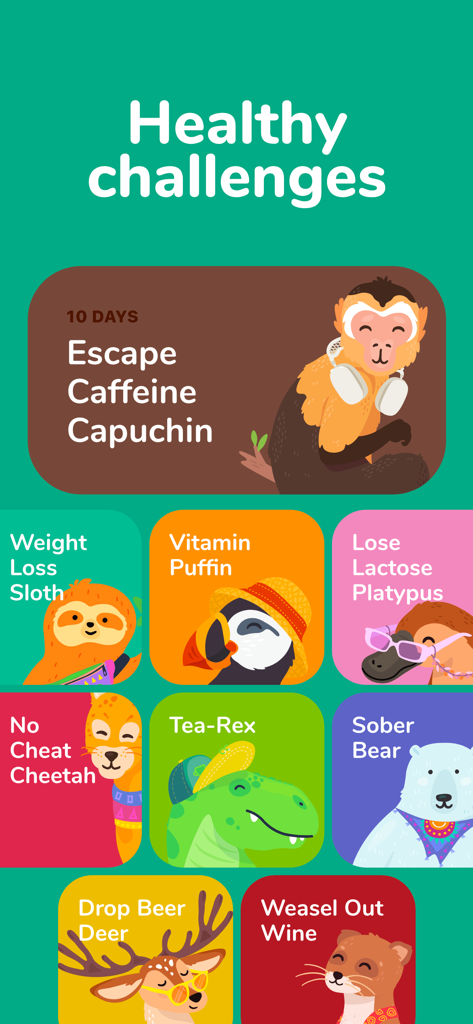 Waterllama app display showing a collection of gamified healthy challenges with cute animal characters.