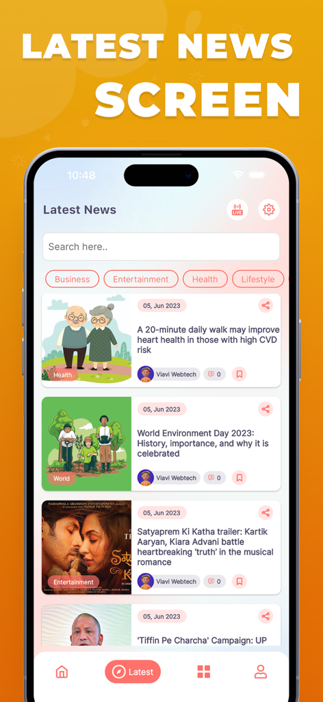 NewsAtTimeアプリの最新ニュースフィードインターフェース。ニュースカテゴリーと記事の概要が表示されています。