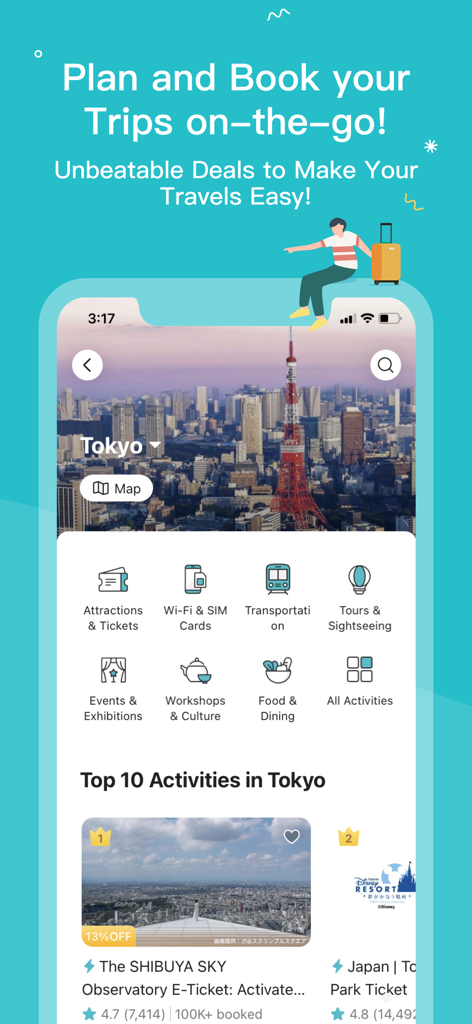KKday travel app screen showing top activities and booking options in Tokyo