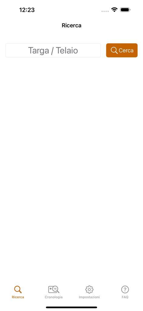 Scanner Veicoli - Search screen of the Scanner Veicoli app for Italian license plate and chassis number lookup