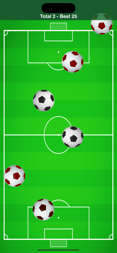 Schermata di gioco di Calcio Portiere che mostra palloni che cadono su un campo da calcio verde con un indicatore di punteggio.