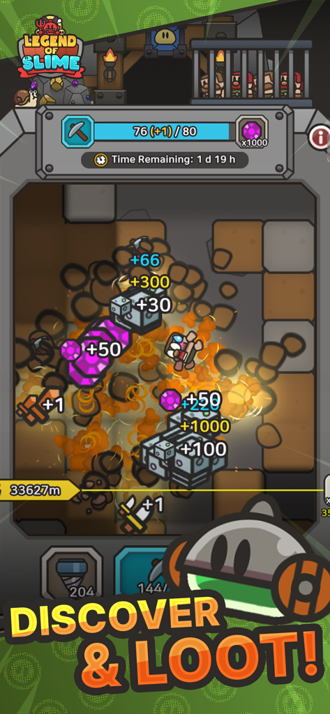 Legend of Slime: Idle RPG - Um personagem slime minerando blocos e coletando gemas em Legend of Slime Idle RPG.