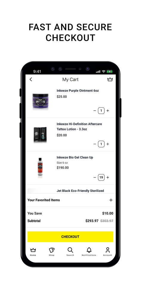 Kingpin Tattoo Supply mobile app showing the shopping cart and checkout screen