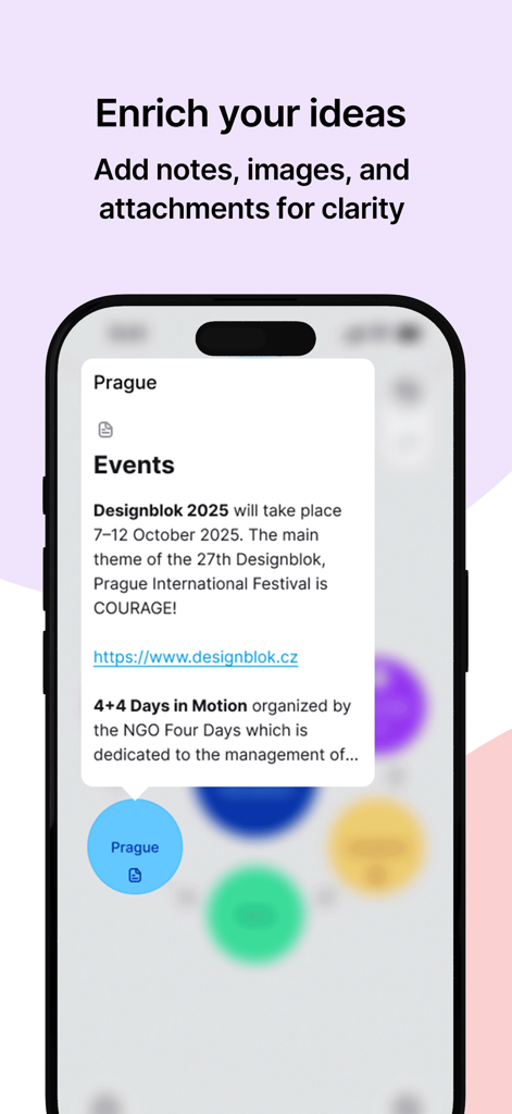 Mindly 2 – Mind Mapping - Interfaz de Mindly 2 que muestra la capacidad de agregar notas detalladas y enlaces a ideas en mapas mentales.