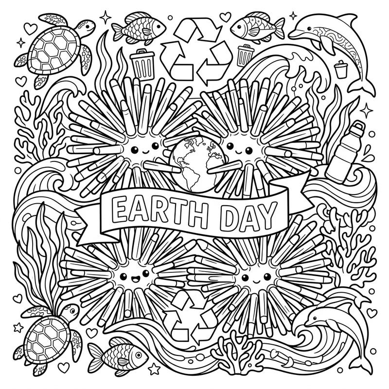 Celebrate our planet with this delightful Earth Day coloring page, starring charming pencil urchins and a vibrant underwater scene. It's a wonderful way to teach about marine life and environmental protection while enjoying a creative activity.