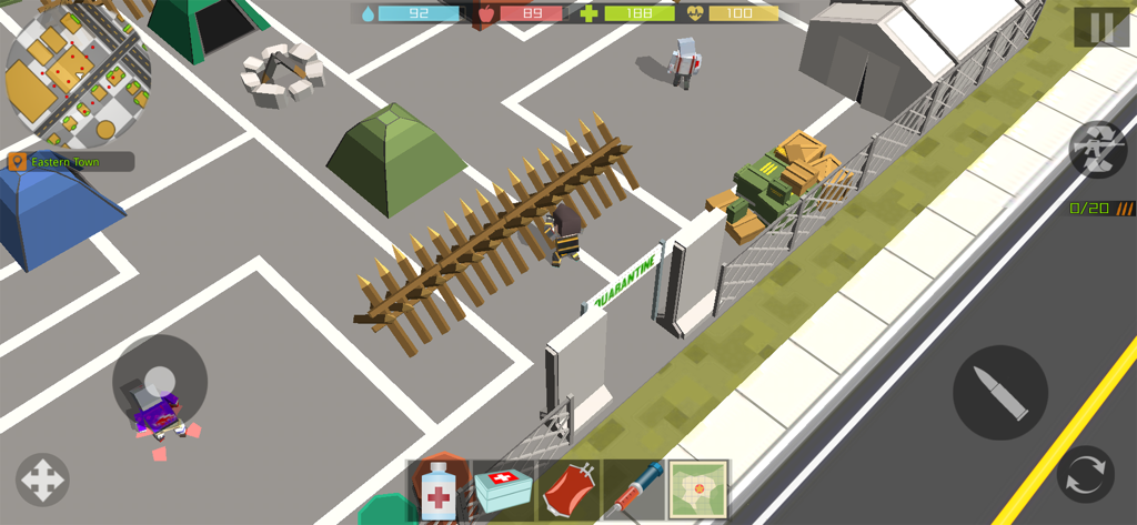 Pixel Zombie Hunter: Survival - Top down view of a pixelated survival base with tents and defensive spikes in Pixel Zombie Hunter Survival