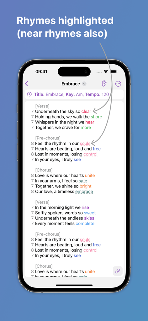 Interface of the Lyrcs app showing color-coded rhyme highlighting and syllable counts for song lyrics.