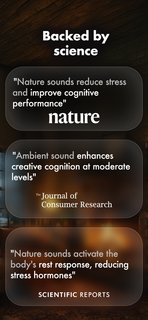 Study Ambience: Music & Sounds - Citas de investigación científica que resaltan los beneficios de los sonidos de la naturaleza y ambientales para la concentración y la reducción del estrés