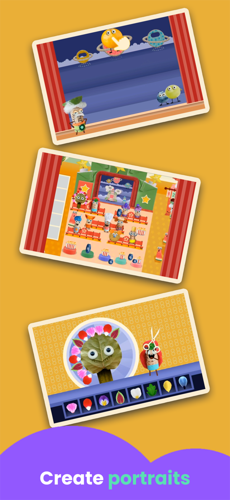 Number Games for Kids - Niños creando retratos de hojas y explorando escenas de teatro en la aplicación Skidos