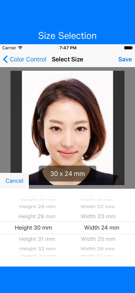 Selecionando dimensões personalizadas para uma foto de documento no aplicativo Easy-ID-Photo Creator Pro