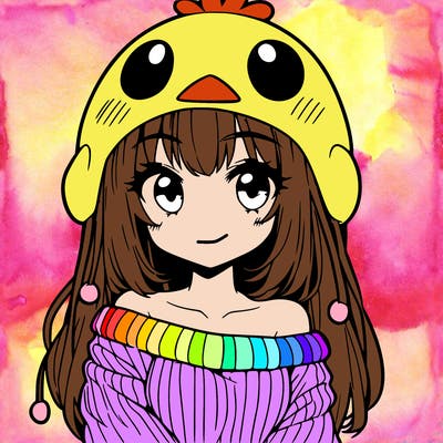 anime girl with chick shaped hat with sweater with bare shoulders with bangs covering them one eye with low tail