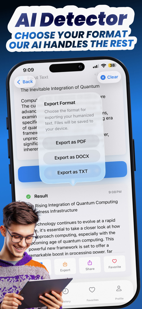 Interfaz de la aplicación Justdone AI Detector que muestra un menú con opciones para exportar texto humanizado como archivos PDF, DOCX o TXT