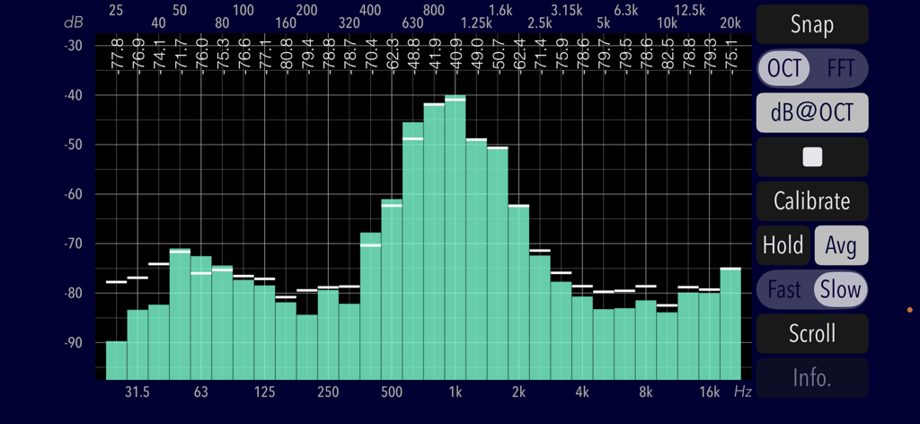 Audio Frequency Analyzer - Interface of the Audio Frequency Analyzer app showing a 1/3 octave band spectrum graph