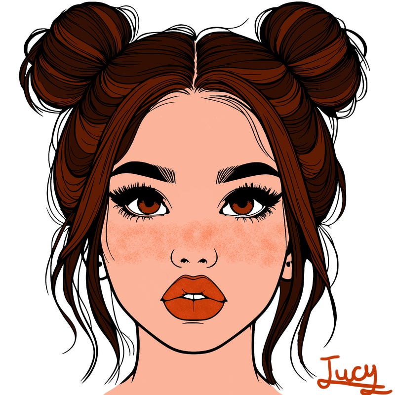 realistic girl with two buns on her hair and lips