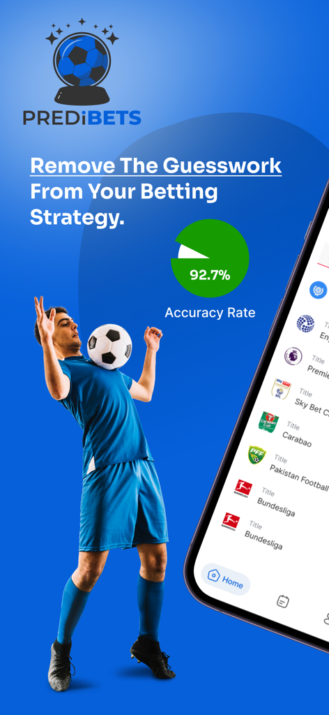 Predibets: Betting Predictions - Predibets app screen showing a 92.7 percent accuracy rate and football betting strategy with a soccer player illustration